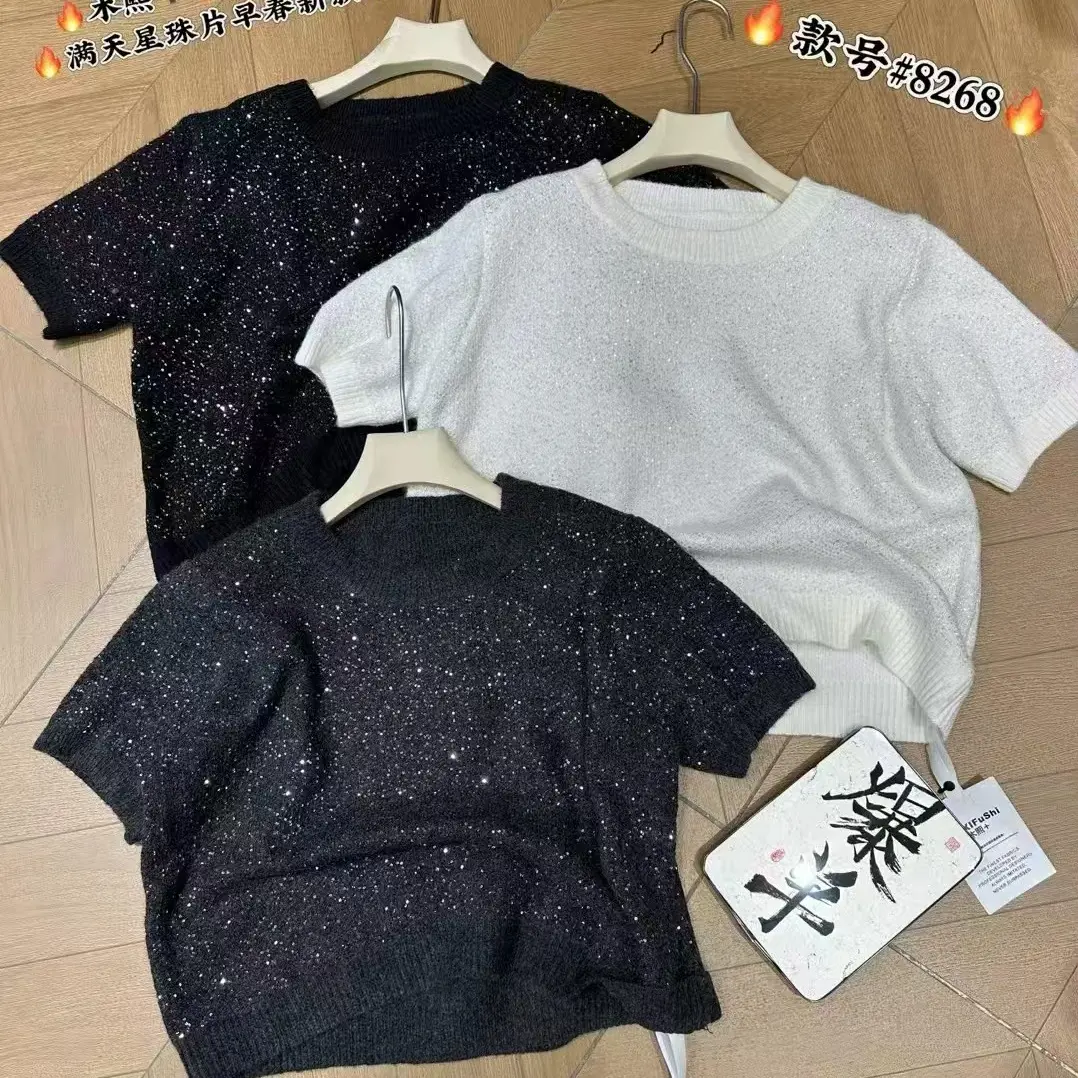 显瘦型小香风亮闪闪时尚针织短袖针织圆领休闲百搭冬季毛衣【8268】