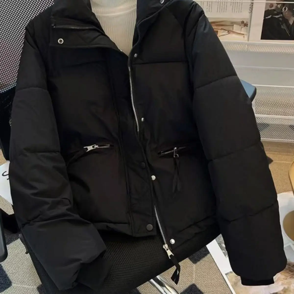 韩系宽松口袋拉链面包服短款加厚保暖棉袄外套女冬季新款百搭棉衣