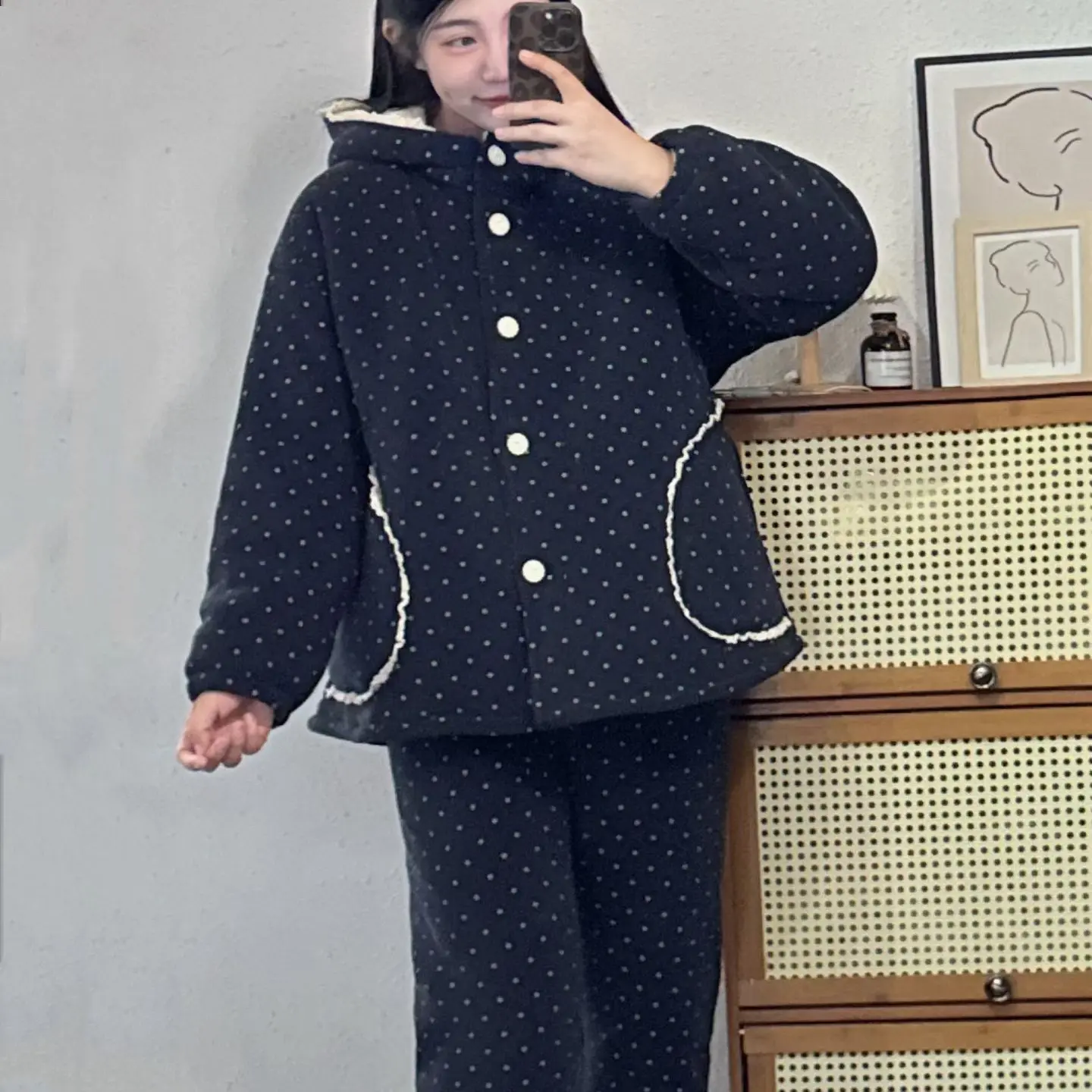 冬季三层加绒加厚连帽碎花花边可外穿女士保暖睡衣家居服套装