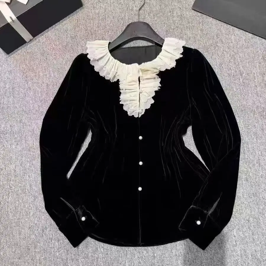 法式轻奢风撞色花瓣领钉珠丝绒长袖衬衫