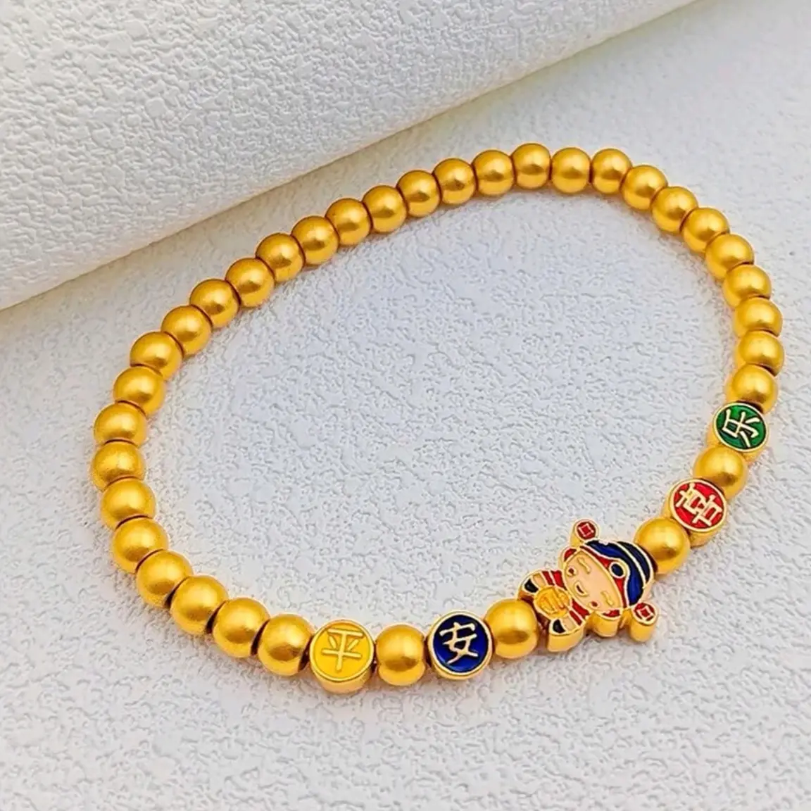 周大金足金平安喜乐财神卡4mm左右金珠手链