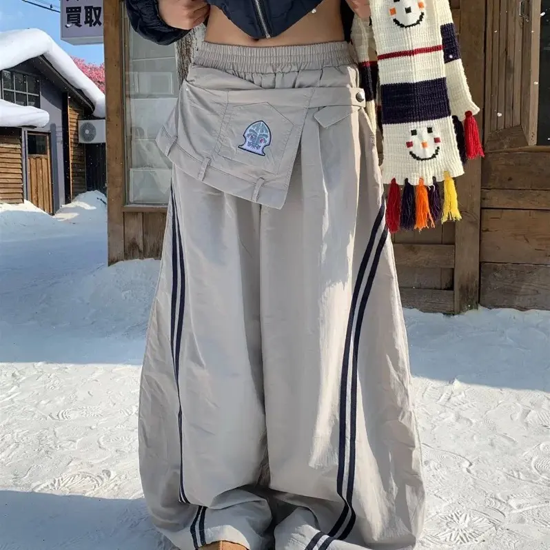 美式复古可拆卸腰封加绒工装裤女秋冬宽松休闲街舞弯刀裤潮