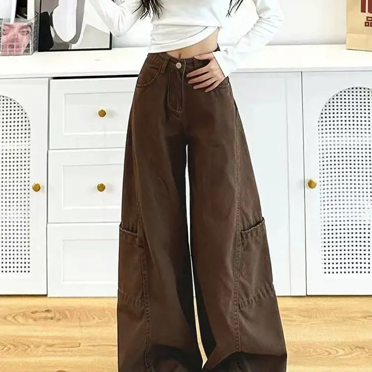 美拉德咖色高腰弯刀阔腿牛仔裤女秋冬宽松垂感显瘦拖地