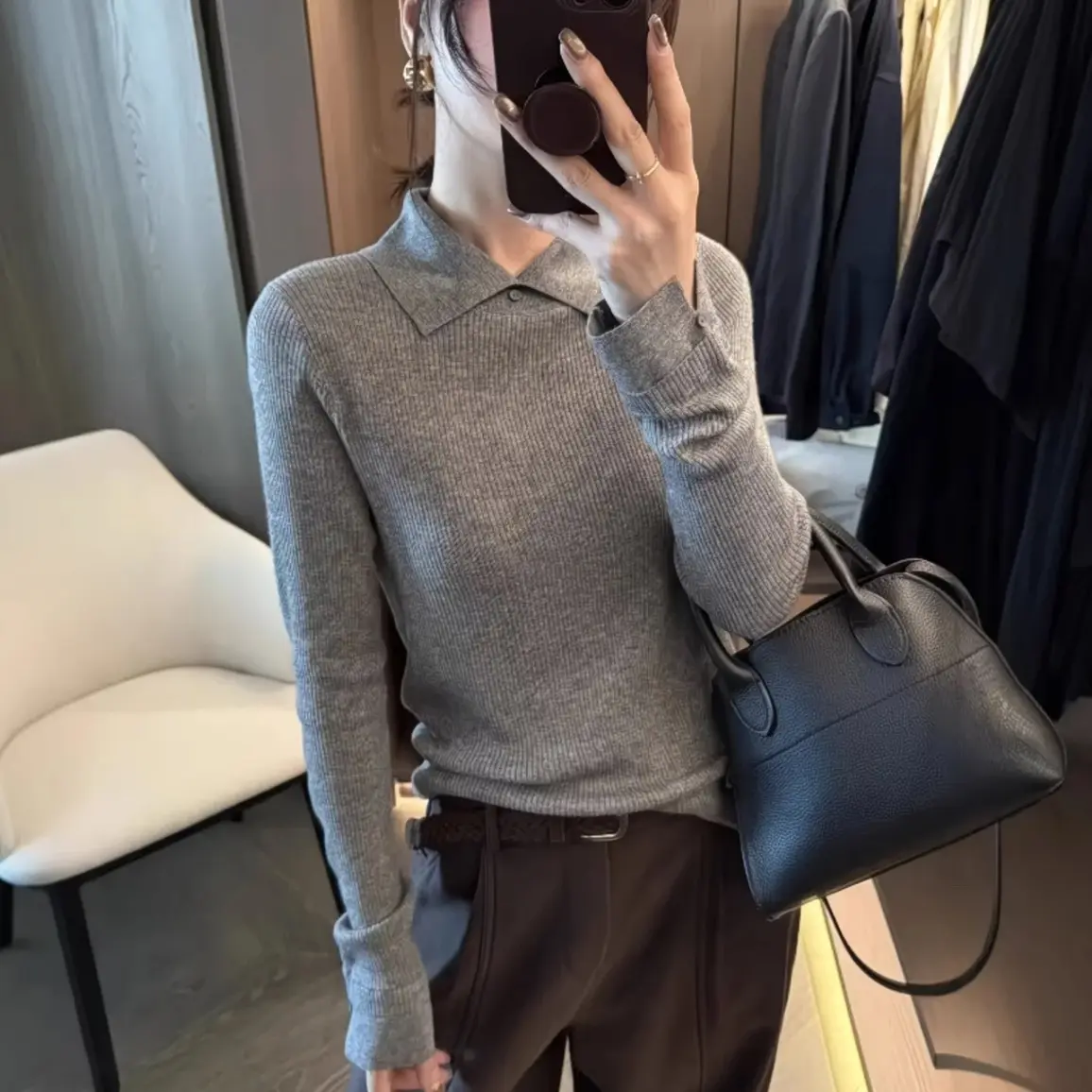 小翻领秋冬百搭针织衫女通勤打底毛衣