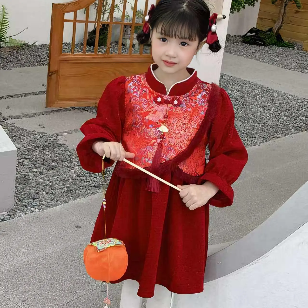 秋冬新款女童加绒洋气国风公主风连衣裙