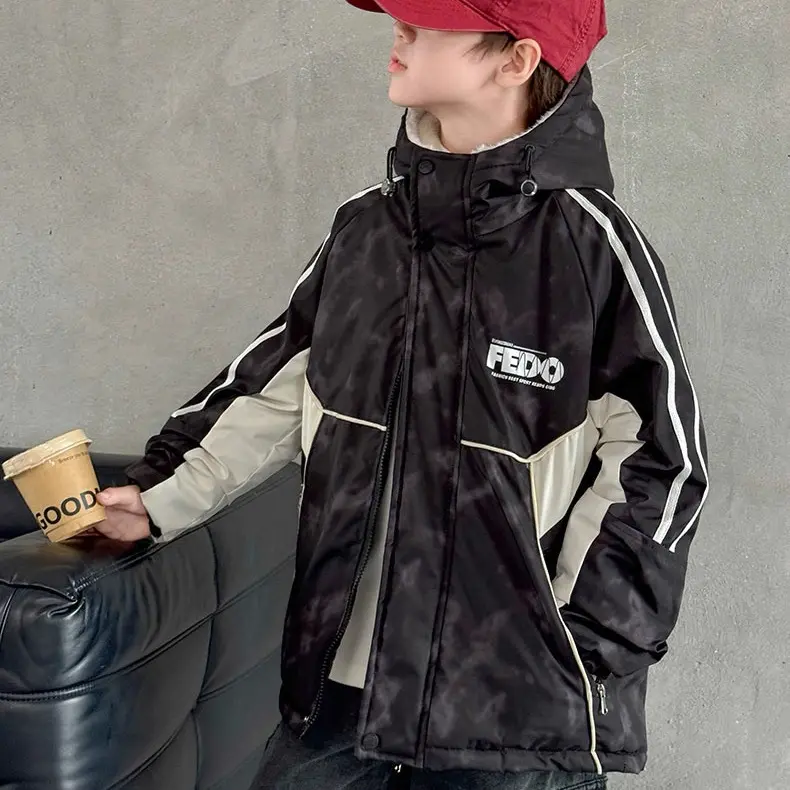 男童秋冬加绒加厚外套大童冬季派克服保暖棉服外套连帽3863