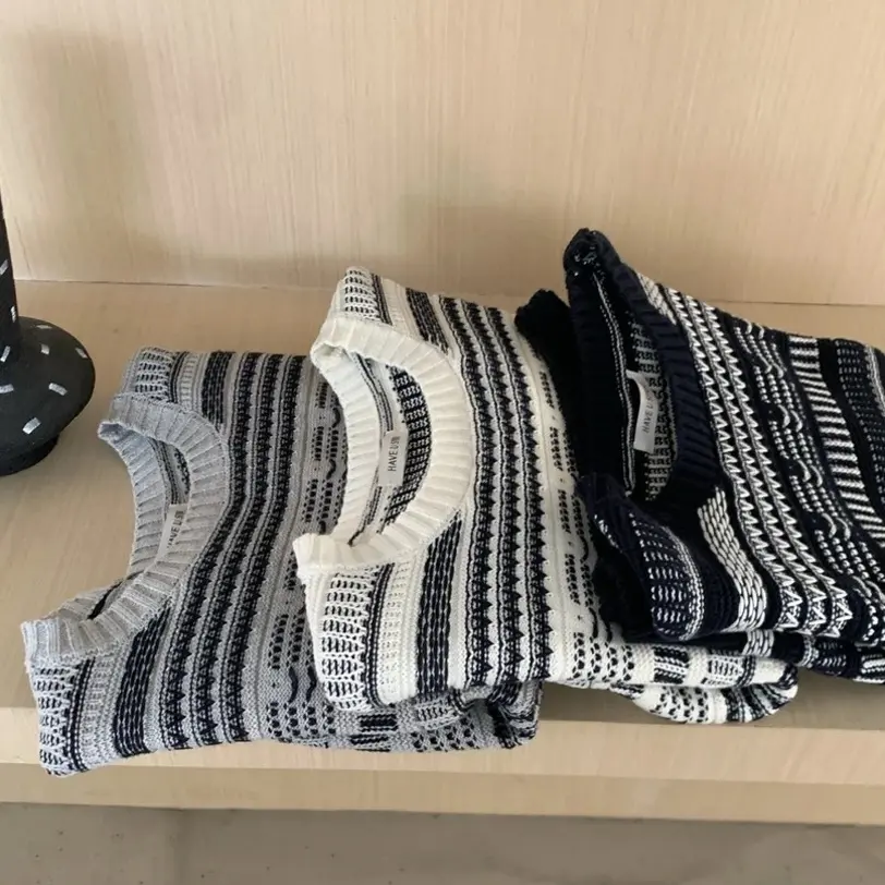 条纹花纹经典宽松百搭可叠穿短袖毛衣