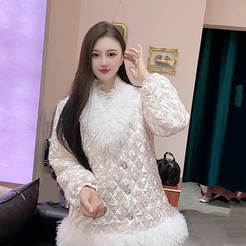 三层夹棉加厚菱格羊滩毛保暖可外穿冬季轻奢女士家居服套装250207