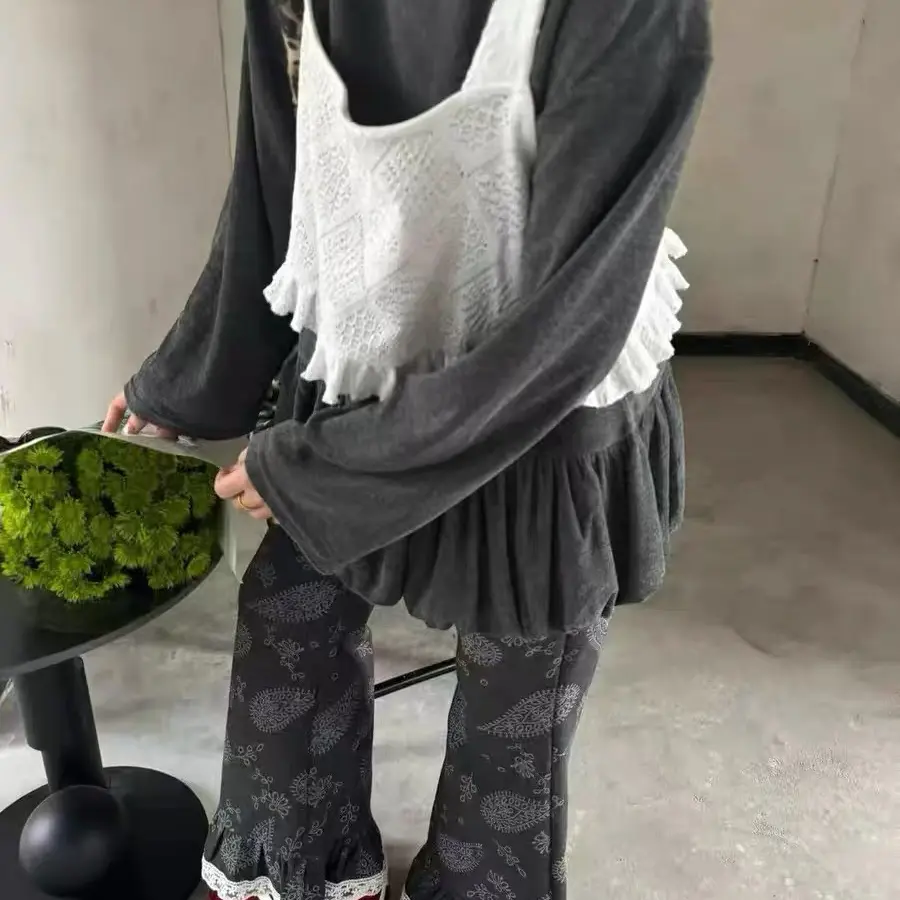 婷子家、长袖T恤吊带女宽松木耳边上衣