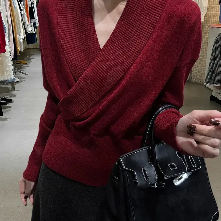 【小曦家】秋冬慵懒风V领交叉设计显瘦针织衫上衣