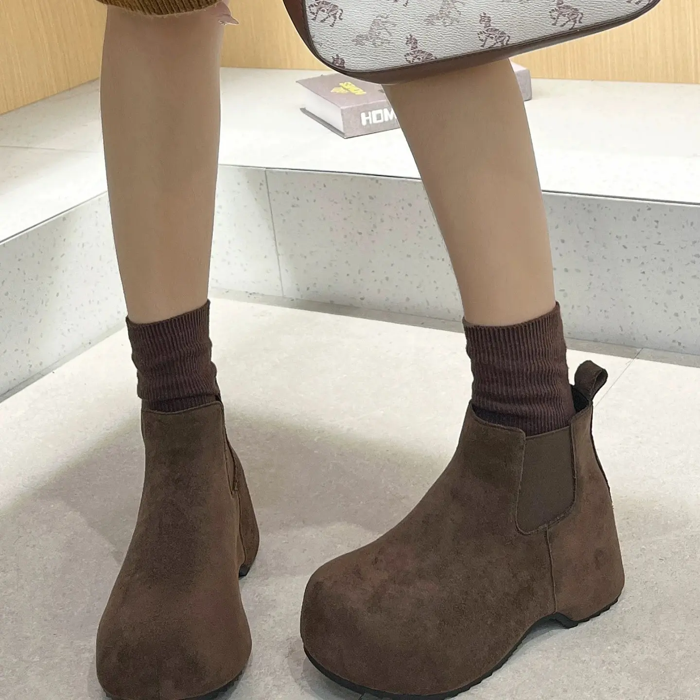 665冬季厚底内增高勃肯短靴女加绒保暖松紧一脚蹬坡跟真皮短靴
