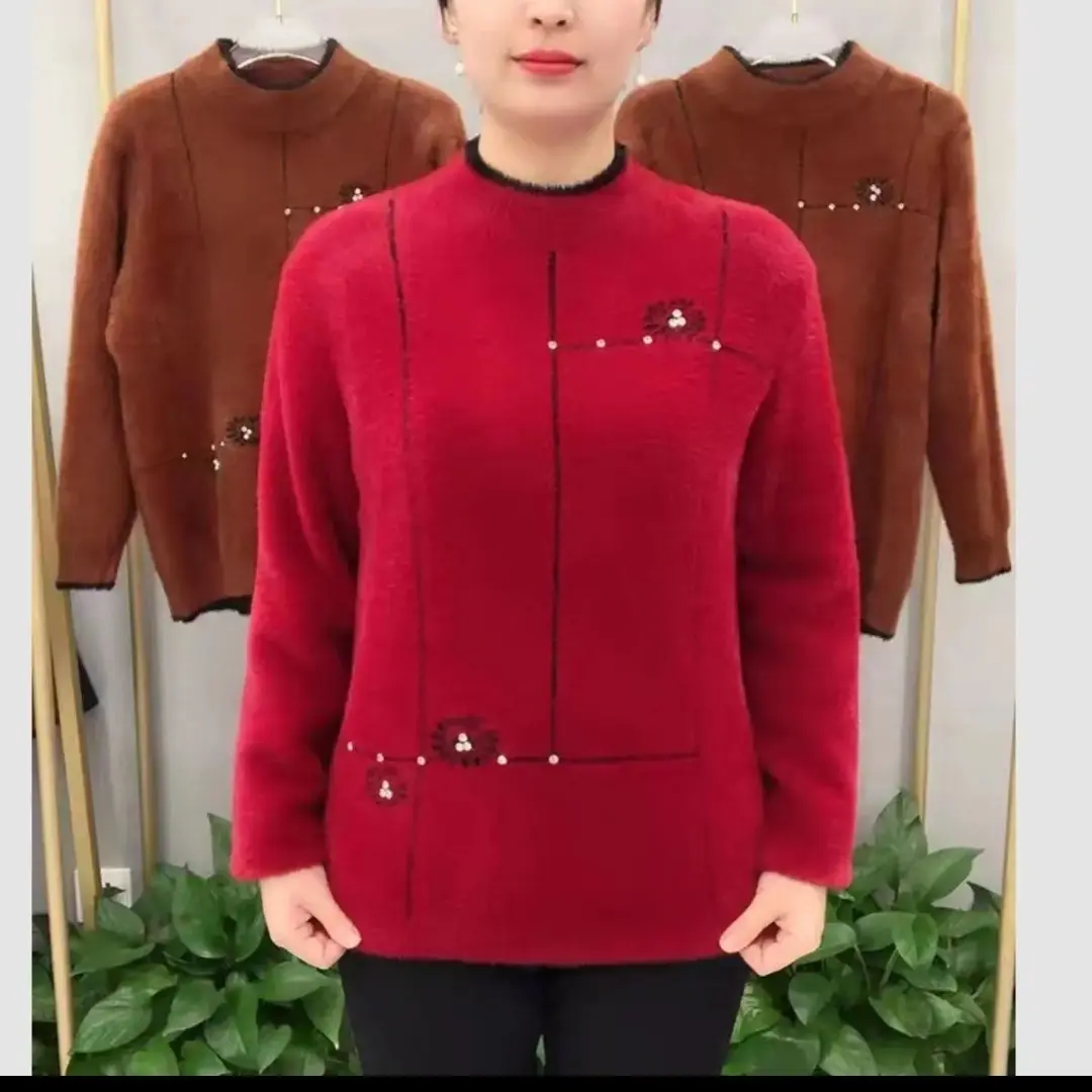 加绒仿水貂绒加厚保暖妈妈装毛衣打底上衣5288