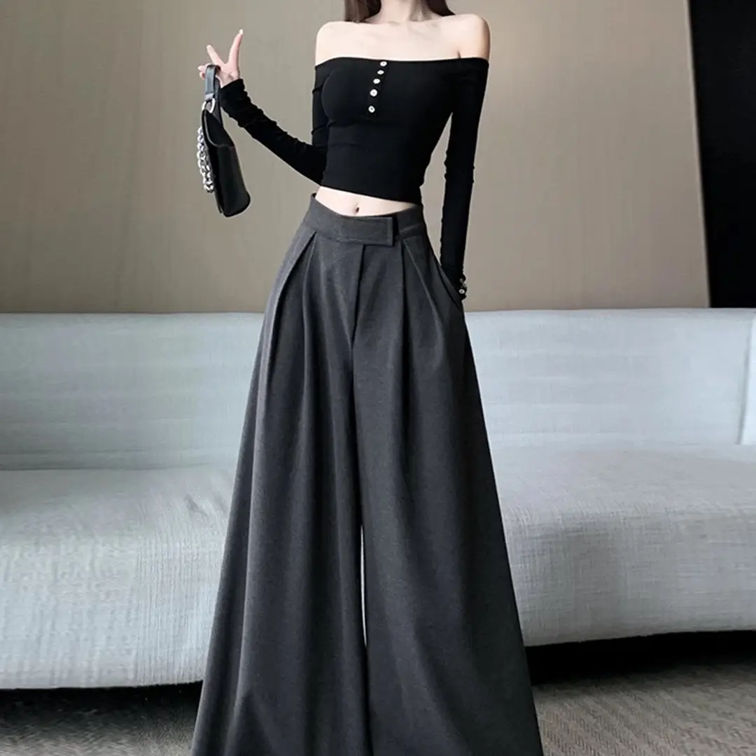 秋冬新款高级感加厚毛呢高腰宽松显瘦垂感阔腿拖地裤女