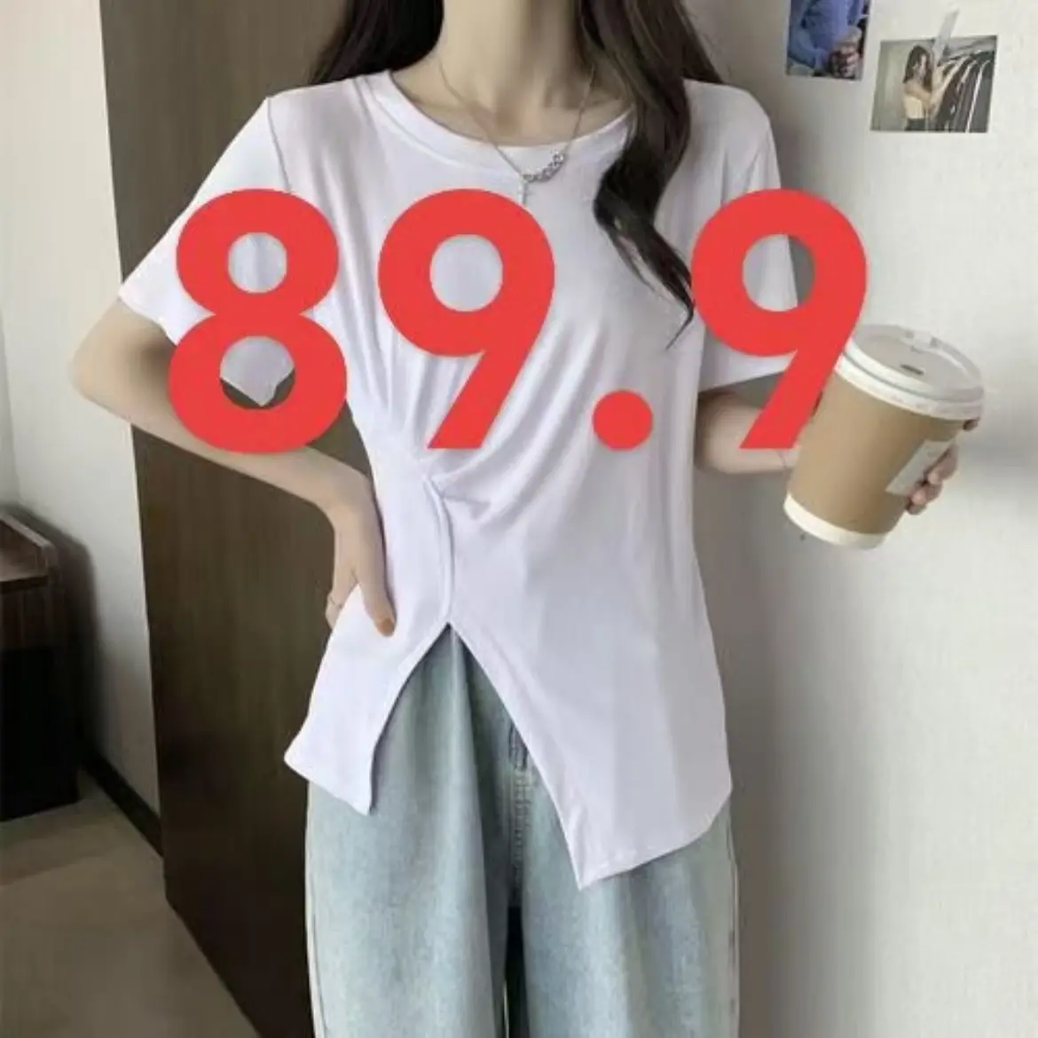 夏季女宽松正肩短袖T恤韩版显瘦百搭不规则开叉小众休闲上衣