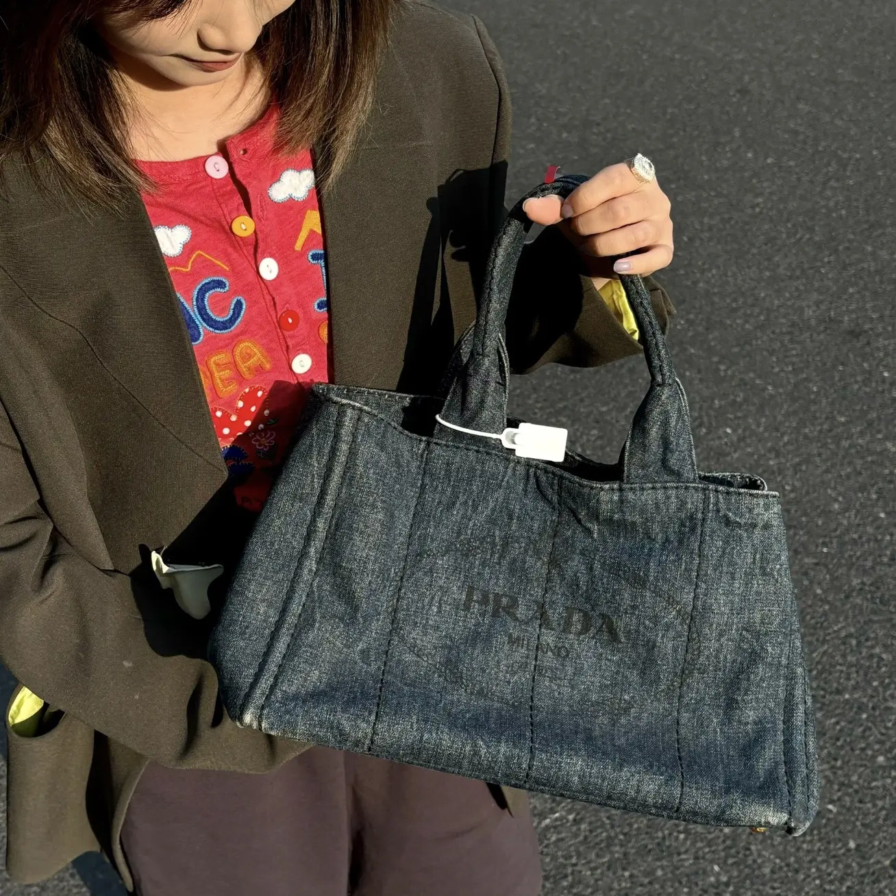 99新 Prada/普拉达 沙滩包大号蓝色牛仔手提包  92256