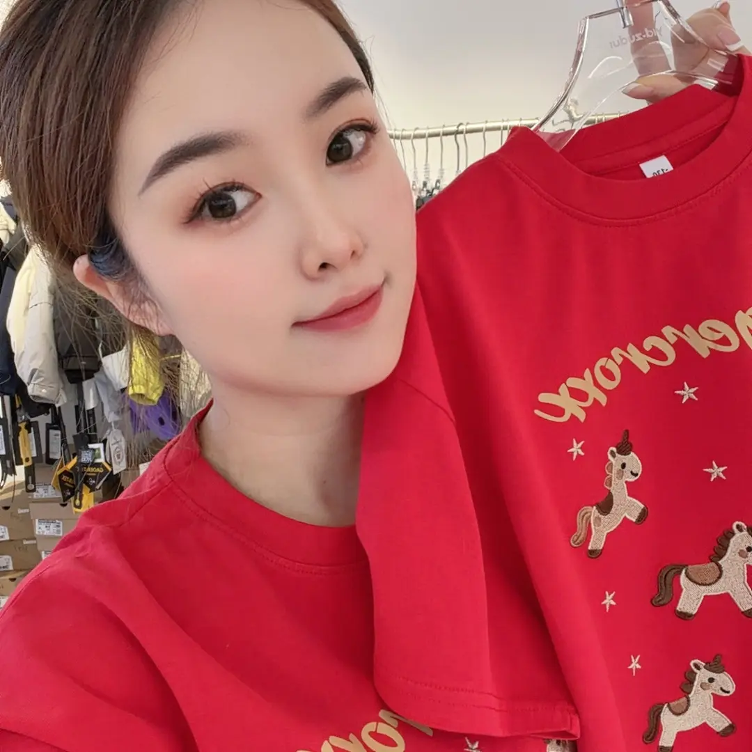 红色宽松纯棉短袖圆领潮流印花百搭休闲T恤