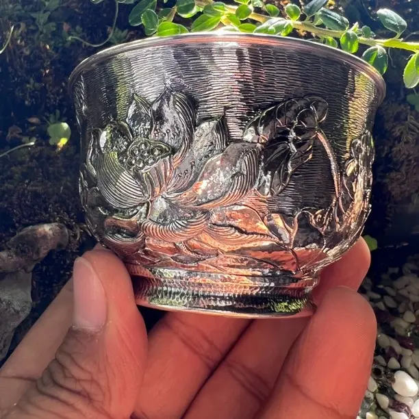 足银银制品 纯银999浮雕  锦鲤莲花杯复古家用