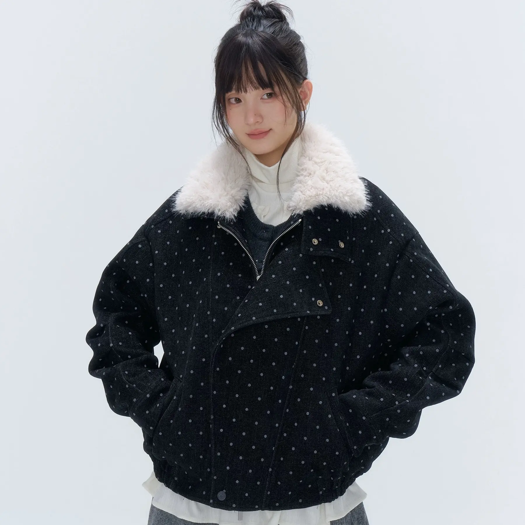 【冬上新】韩系甜美波点毛领短款棉服女冬季加厚保暖外套