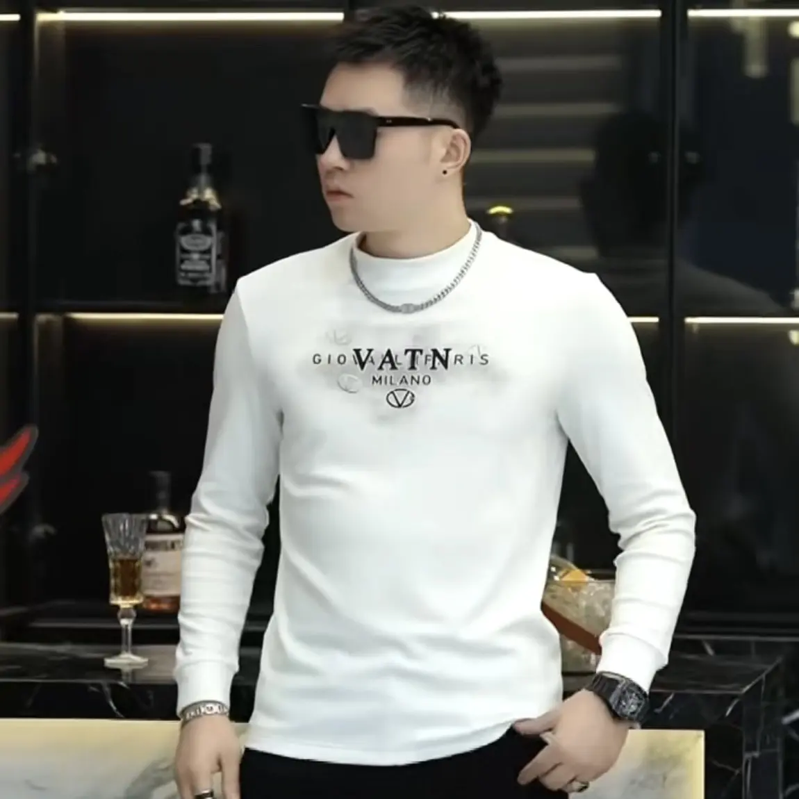 卫衣男秋冬新款时尚半高领加绒保暖双面绒拼接修身打底衫男士潮