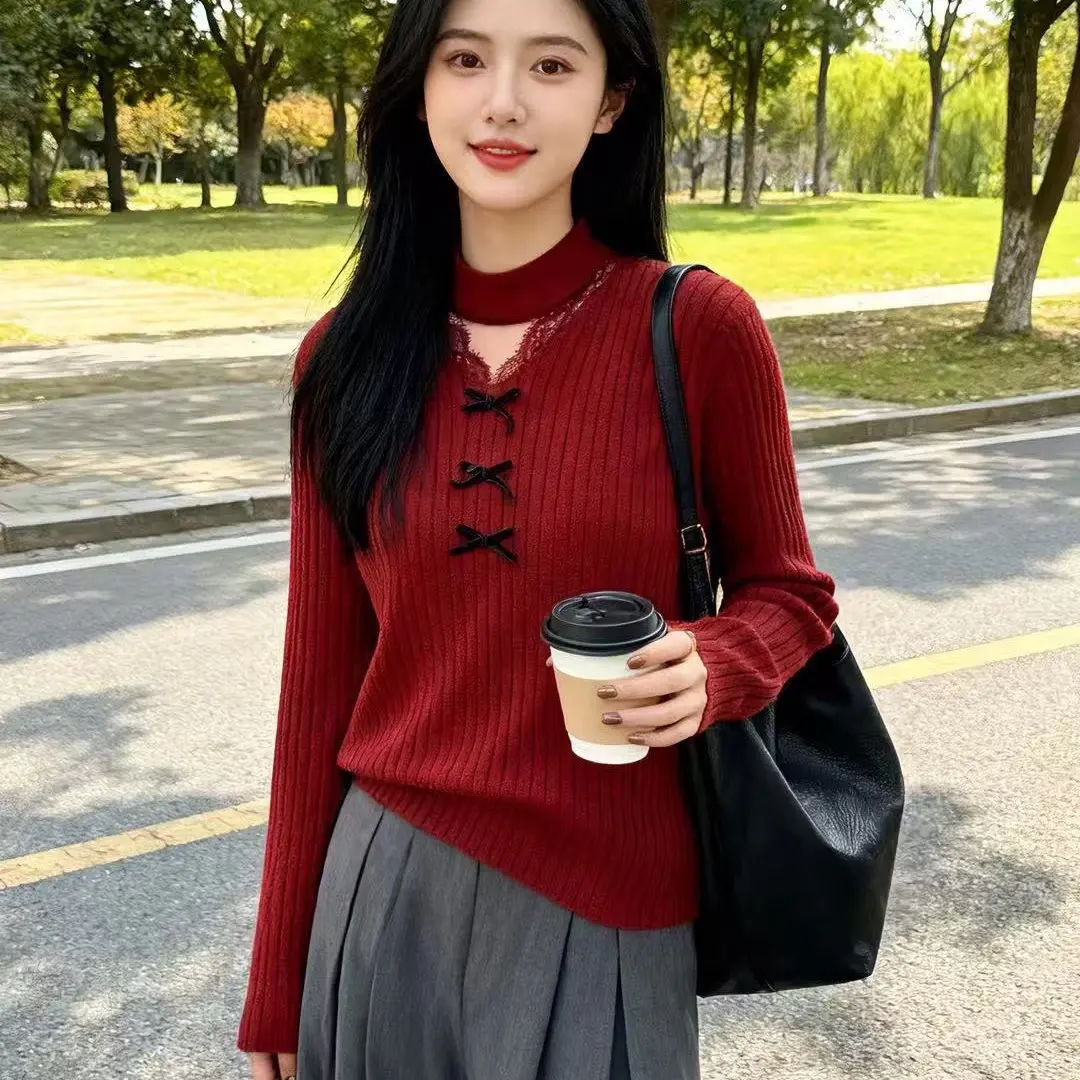 秋冬新款蝴蝶结蕾丝拼接半高领针织内搭女款洋气百搭176
