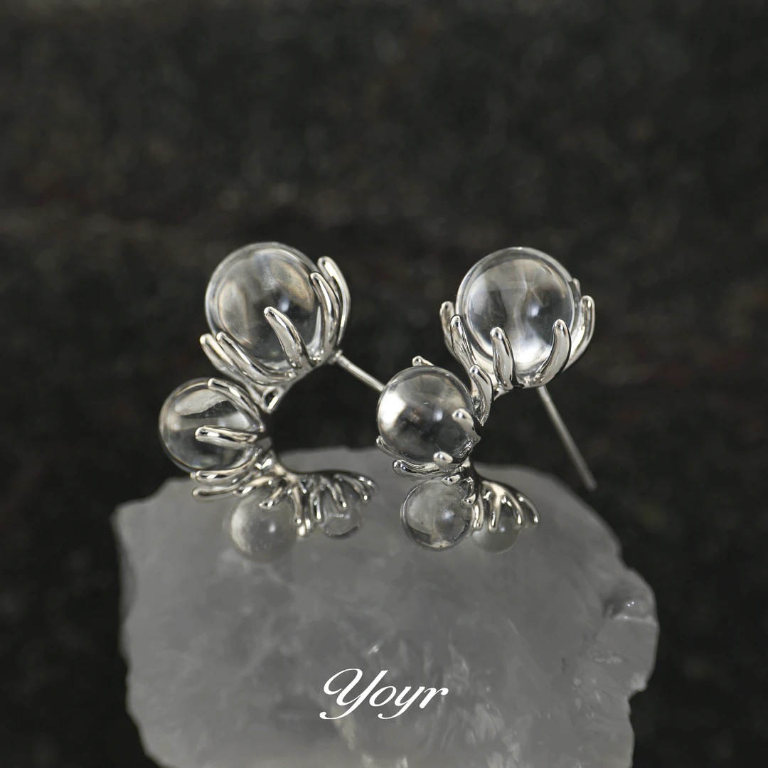 YOYR 黄铜耳饰 冰透晶球耳环小众设计精致高级感耳钉气质C型耳圈