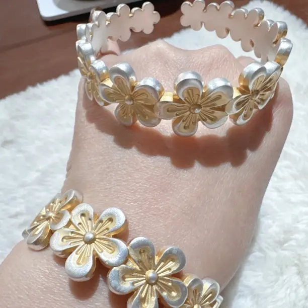 足银手镯 桃花描金手镯 开口