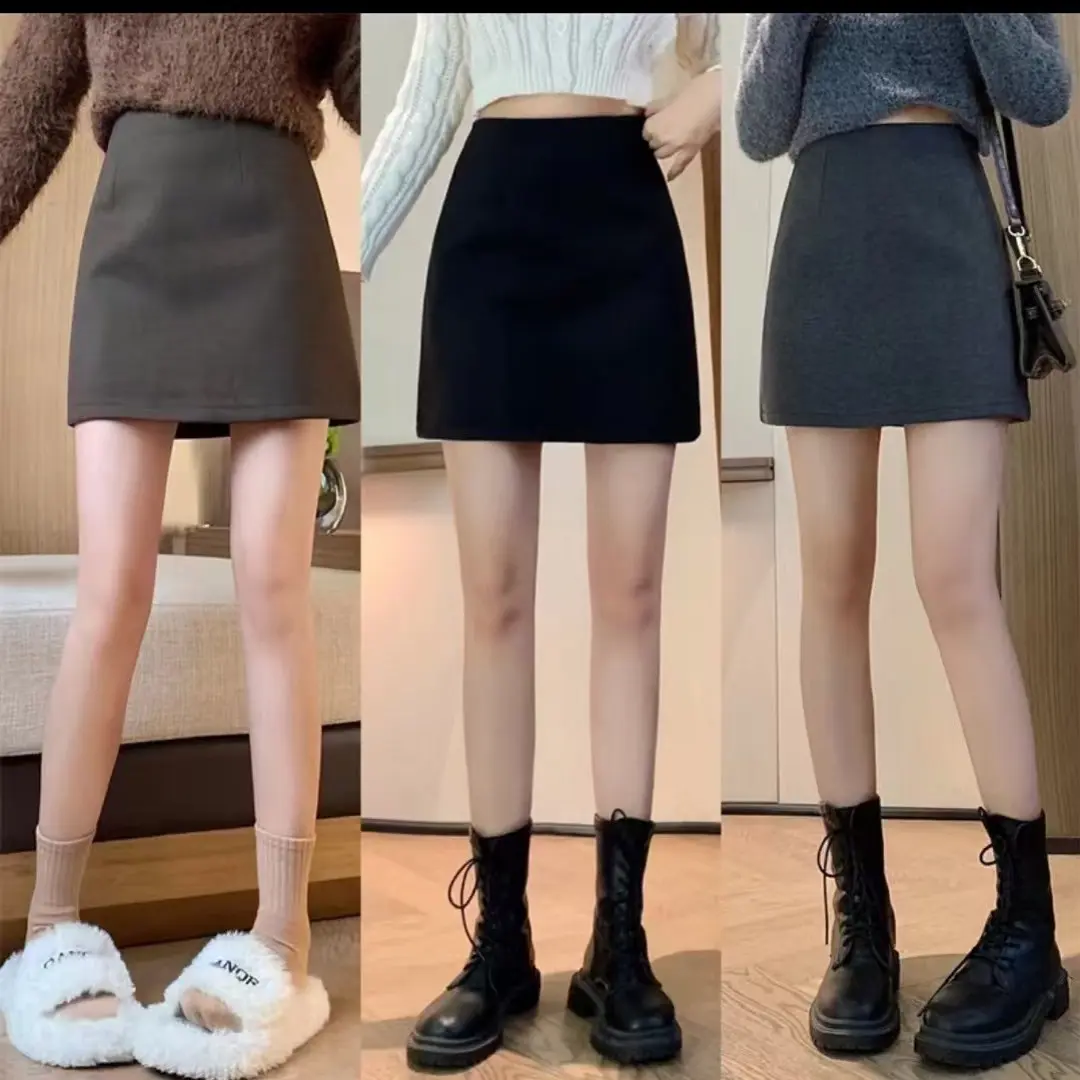 女士秋冬高腰显瘦防走光毛呢A字包臀短裙