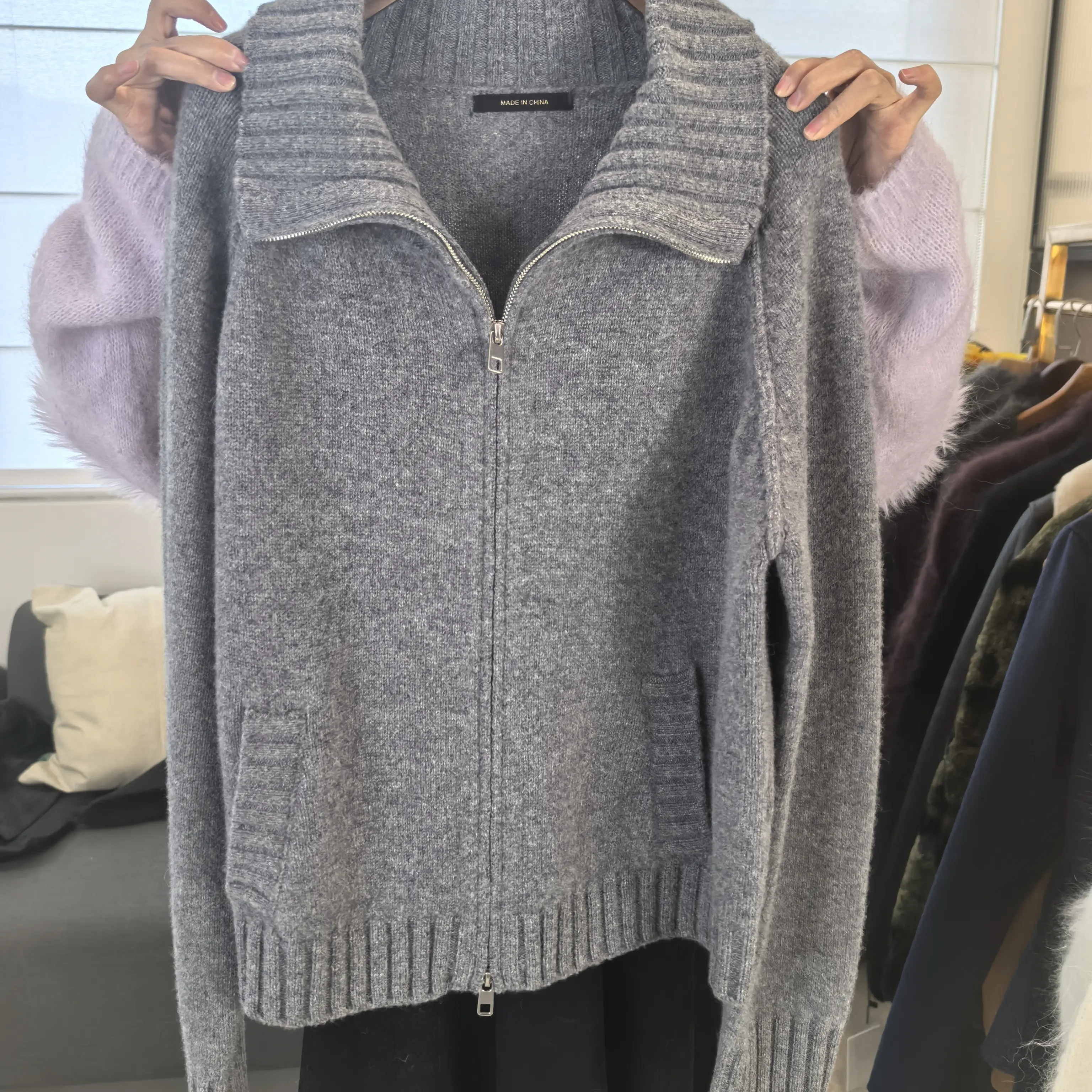 加厚纯羊毛针织双拉链开衫女秋冬宽松显瘦百搭毛衣外套外穿上衣