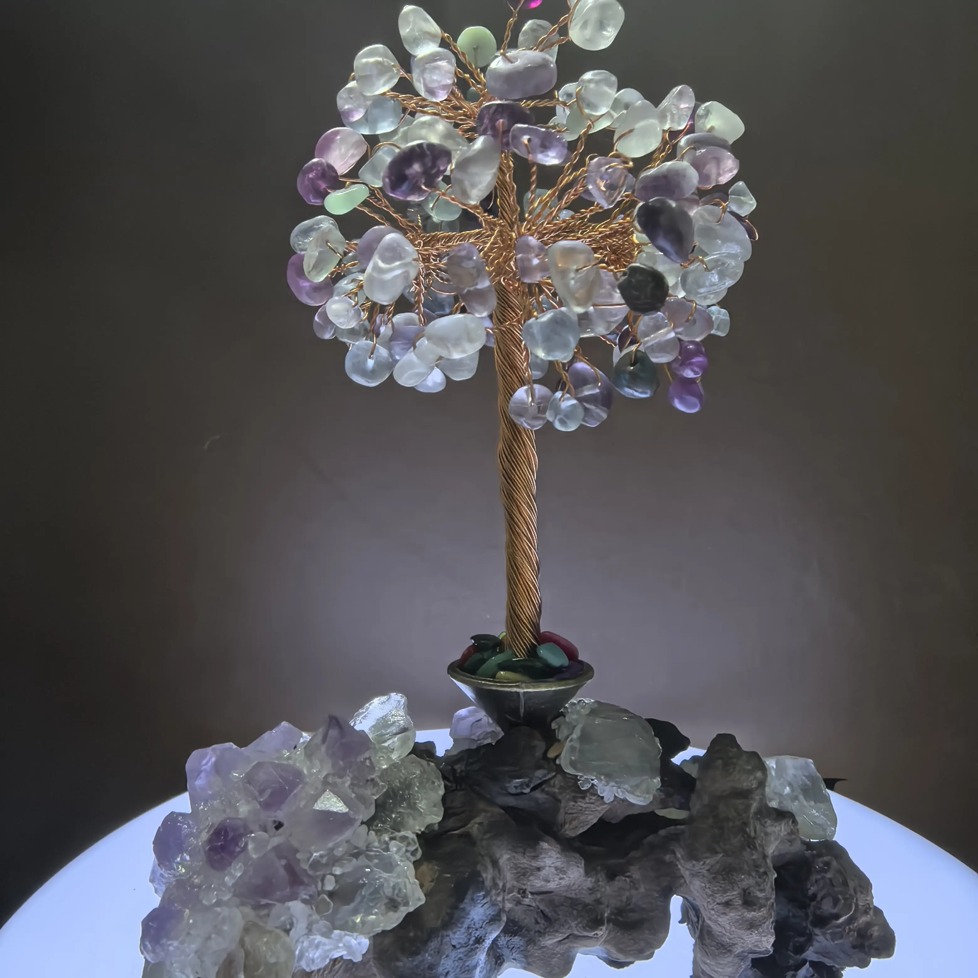 天然紫晶花原矿石不规则底座招财树水晶碎石叶子发财树工艺品摆件