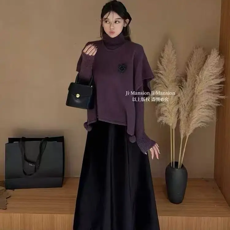 秋冬韩系温柔半高领针织衫+纯色不规则斗篷两件套显瘦气质上衣女