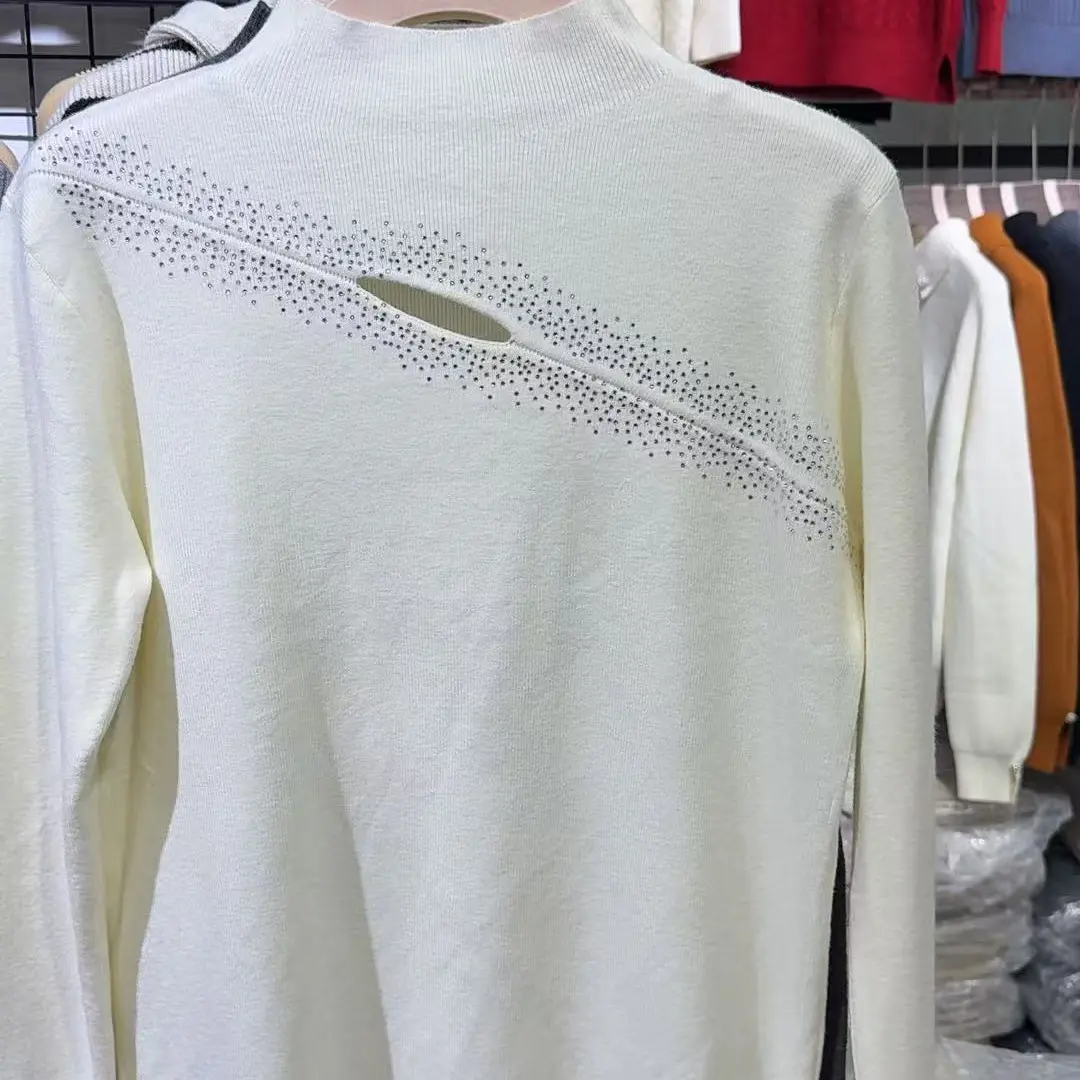 9153韩系半高领拼接烫钻针织打底衫女秋冬显瘦软糯内搭毛衣