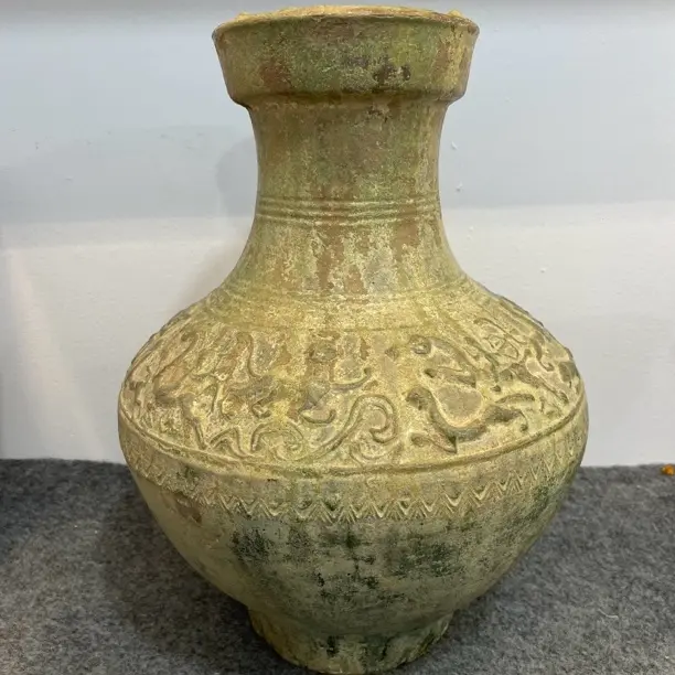 绿釉狩猎纹罐器型优美家居装饰