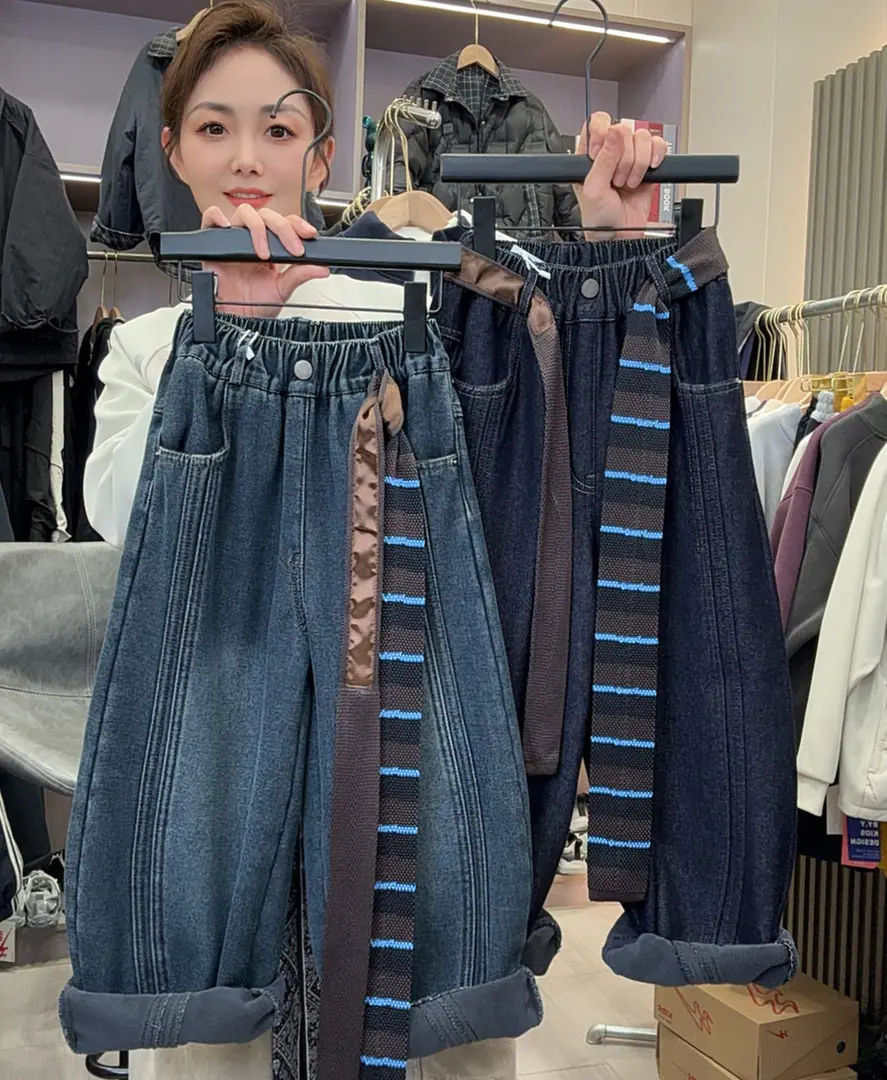 男女中大童加绒牛仔裤2025冬季新款百搭一体绒牛仔裤儿童弯刀裤潮