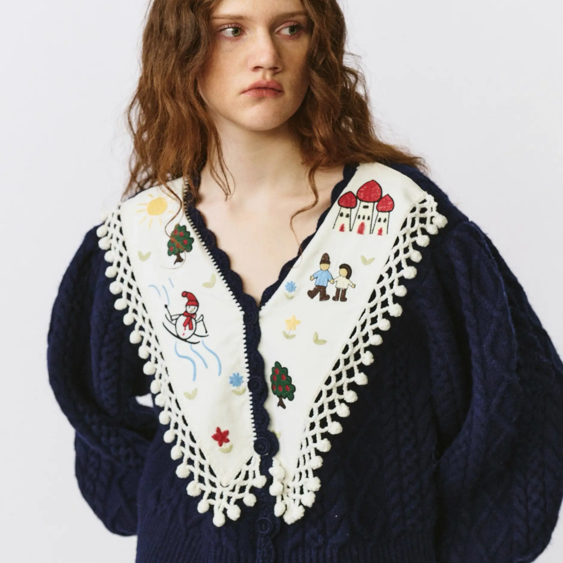 FORDARE 福蝶童趣绣花领泡泡袖毛织开衫针织上衣