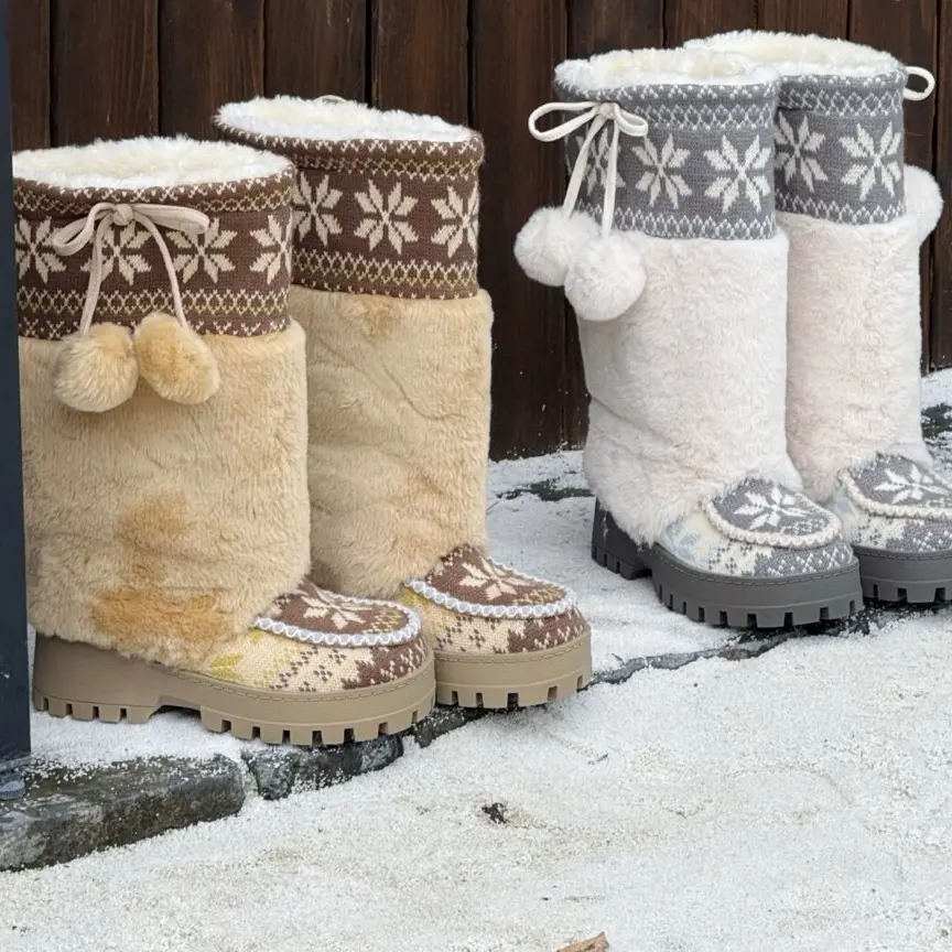 冬季费尔岛毛毛雪地靴女厚底加绒保暖东北复古民族风长筒靴时尚