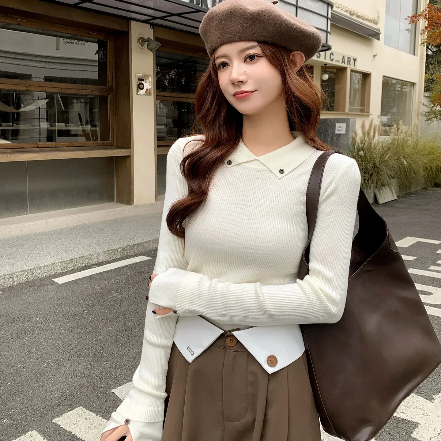 女装新款翻领纽扣绵针织打底衫秋冬气质内搭上衣