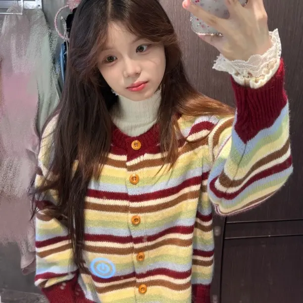 【洢尚丽】2025韩系彩色条纹圆领针织开衫宽松软糯慵懒风毛衣外套