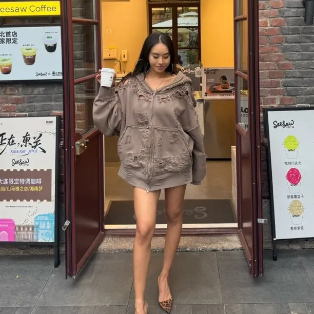 KIYAPEACH顾 加绒破坏糜烂拉链做旧破洞卫衣