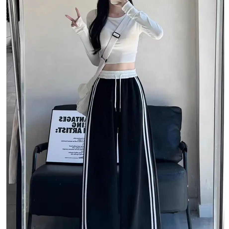 12秋冬加绒弯刀裤女宽松高腰显瘦阔腿裤条纹设计感棉质休闲运动裤