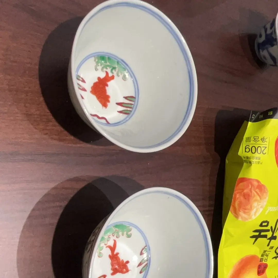 天启红绿彩姜太公钓鱼茶园一对