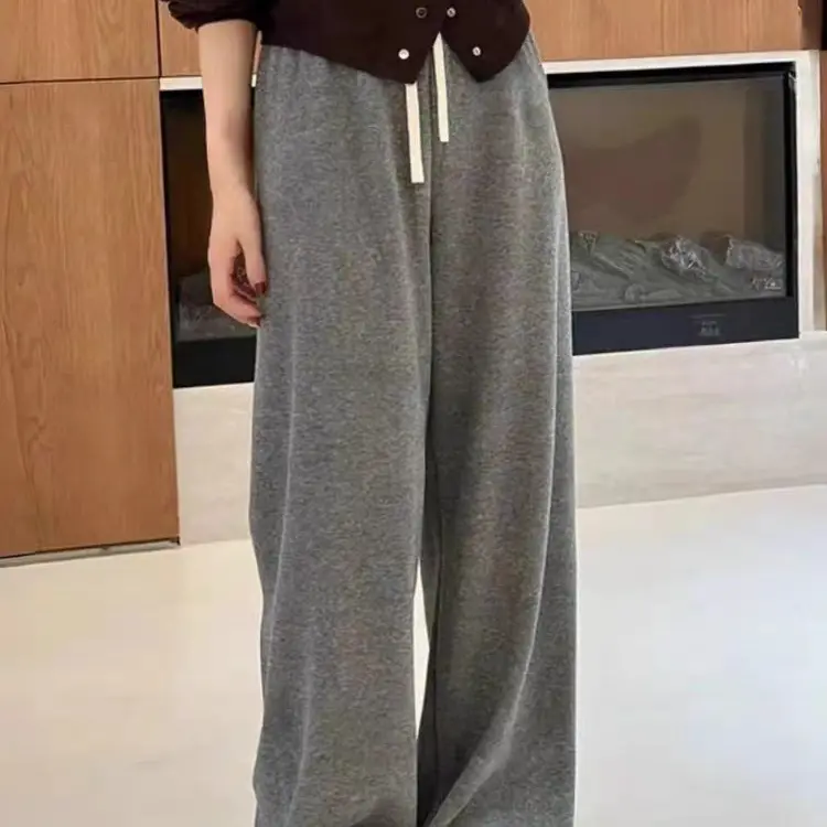 加绒加厚直筒阔腿裤女秋冬高腰垂感显瘦松紧腰休闲拖地糯米裤宽松