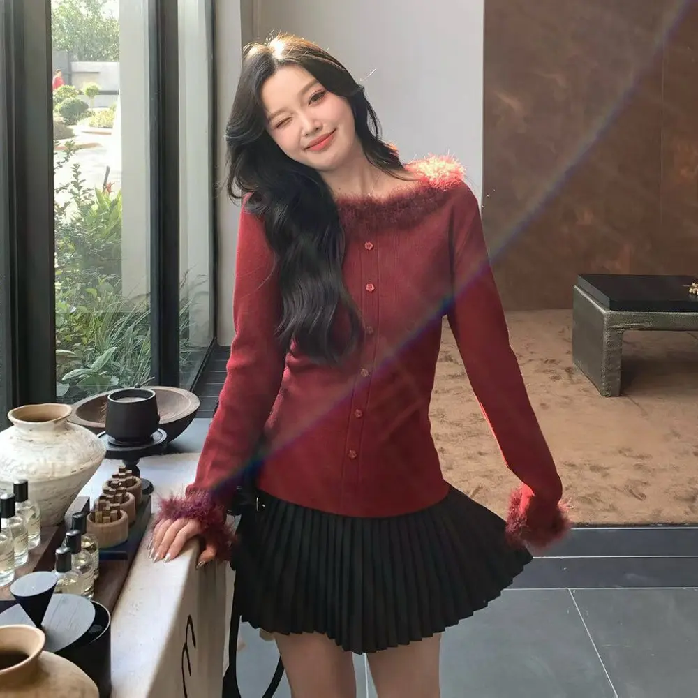 新款秋冬女毛领针织开衫小众设计感慵懒风百搭内搭上衣