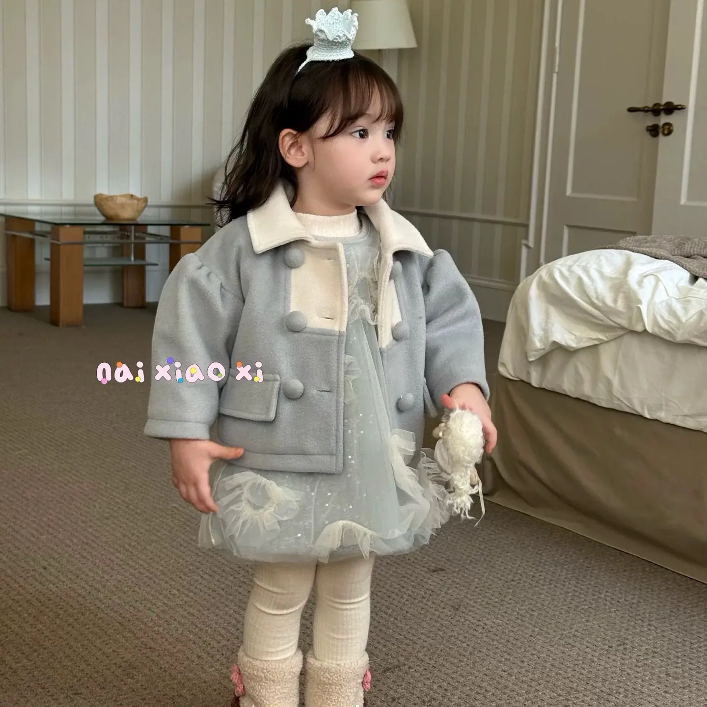 正品奶小西秋冬新款年服蓝色外套女宝无袖加绒纱两件套套装