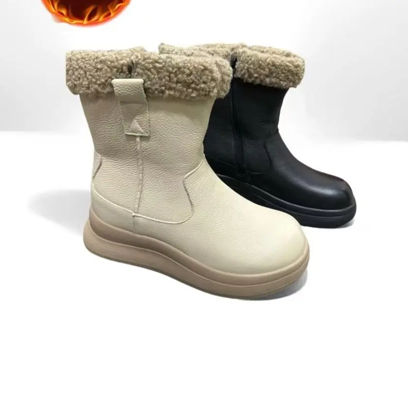 牛皮保暖中筒雪地靴厚底防滑冬季时尚百搭休闲女短靴加绒加厚棉鞋