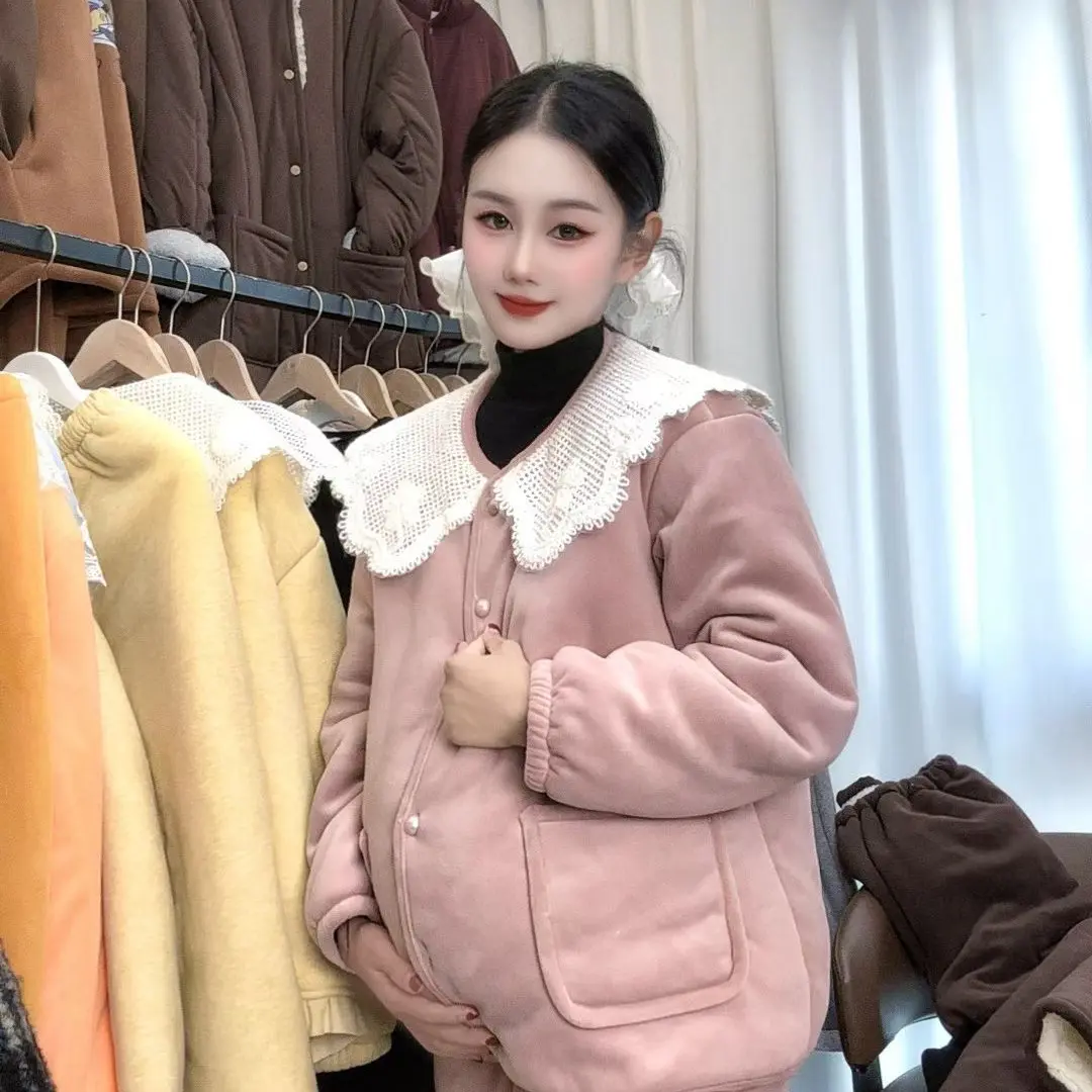 孕妇冬季新款三层加厚大花边领可外穿保暖宽松睡衣家居服套装
