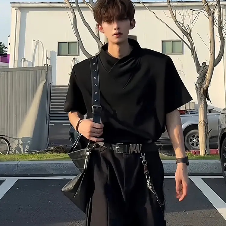 美式堆叠设计感半高领垫肩短袖T恤男夏季痞帅穿搭