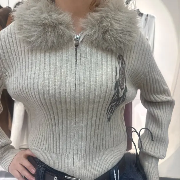 毛领针织开衫女秋冬慵懒风百搭保暖毛衣外套