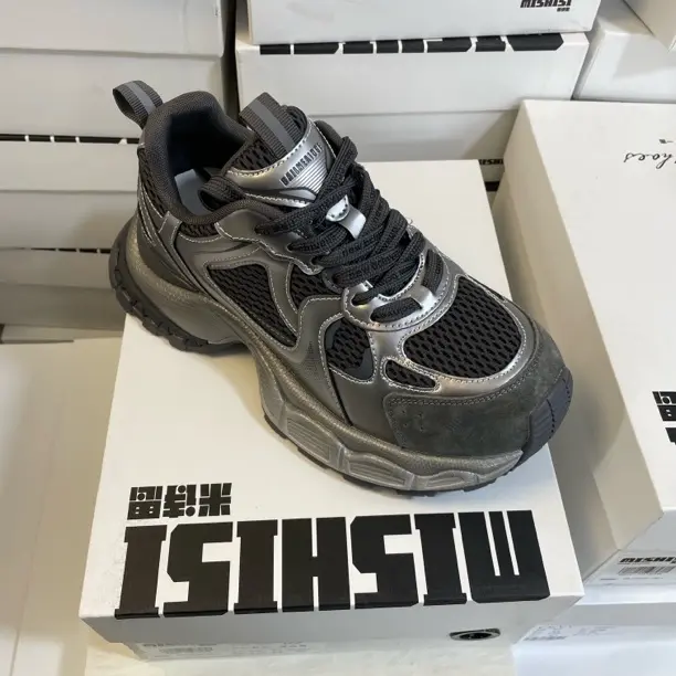 米家202-2158运动鞋老爹鞋舒适时尚休闲鞋黑色女鞋网面潮流女士