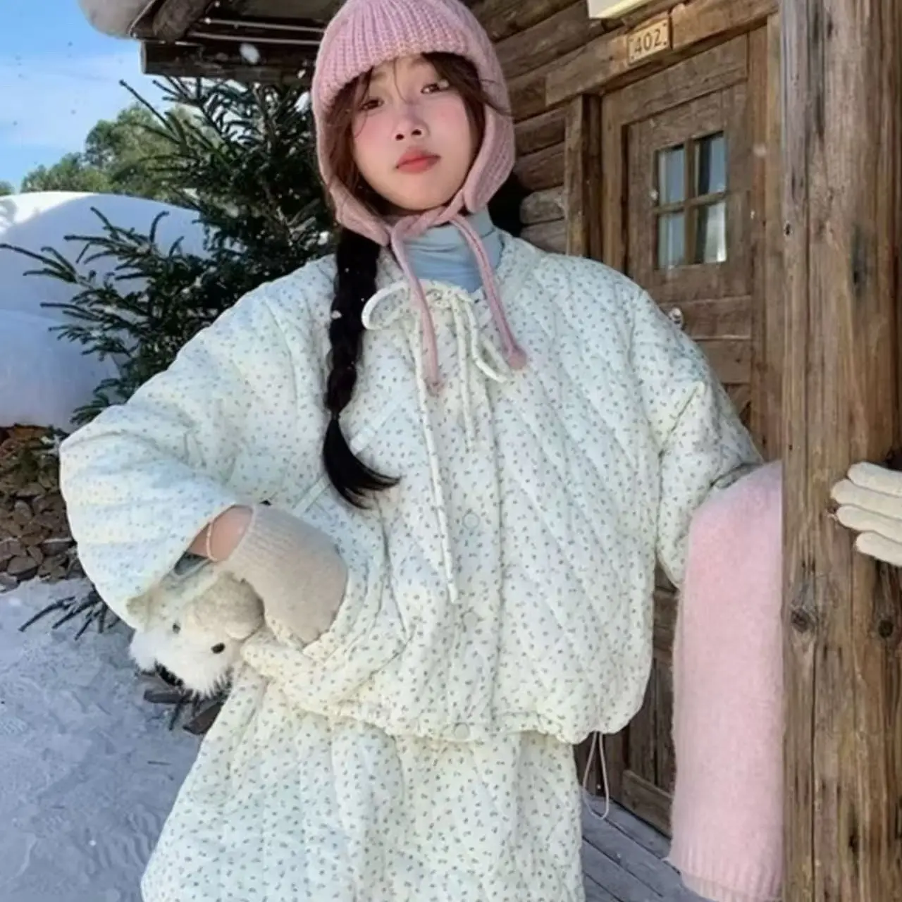 韩系甜美碎花棉服外套松紧腰半身短裙保暖三件套