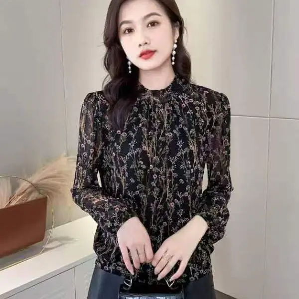 秋冬季薄款碎花网纱长袖立领显瘦遮肚洋气减龄打底衫小衫